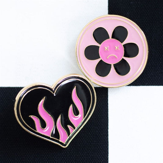 Burning Heart and Sad Flower Pin Badge Set