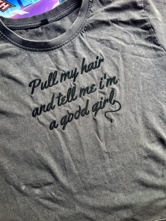 Pull My Hair Embroidered Vintage Cropped Tee