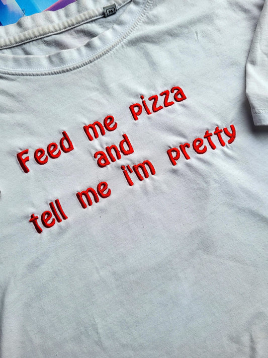 Feed Me Pizza Women's Embroidered Cropped Tee